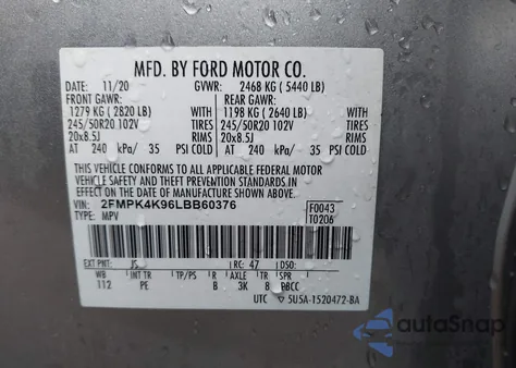 2020 Ford Edge Titanium из США, поврежденный, VIN 2FMPK4K96LBB60376